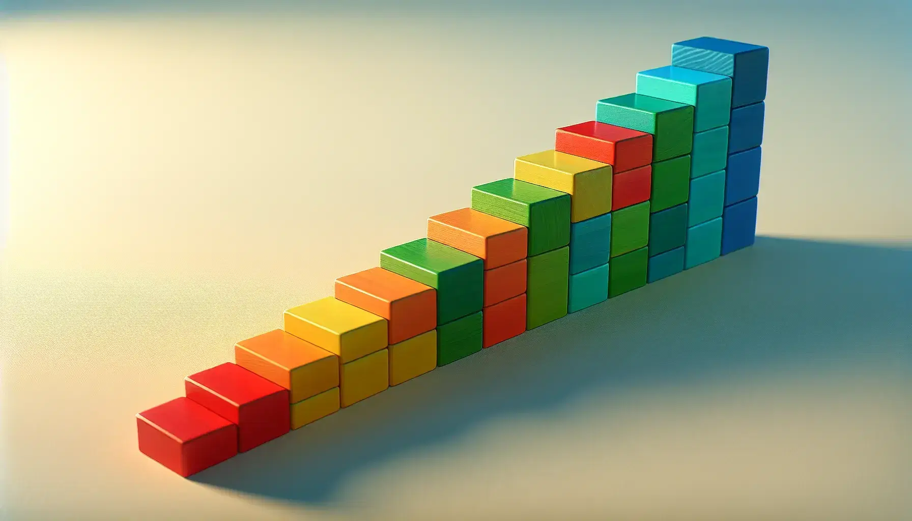 Vibrant wooden blocks in red, blue, green, yellow, and orange arranged in an ascending staircase pattern on a neutral surface with a soft gradient background.