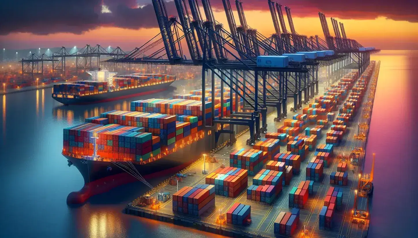 Bustling seaport with stacked colorful shipping containers, towering cranes, and a cargo ship at dusk, reflecting the sunset on calm waters.