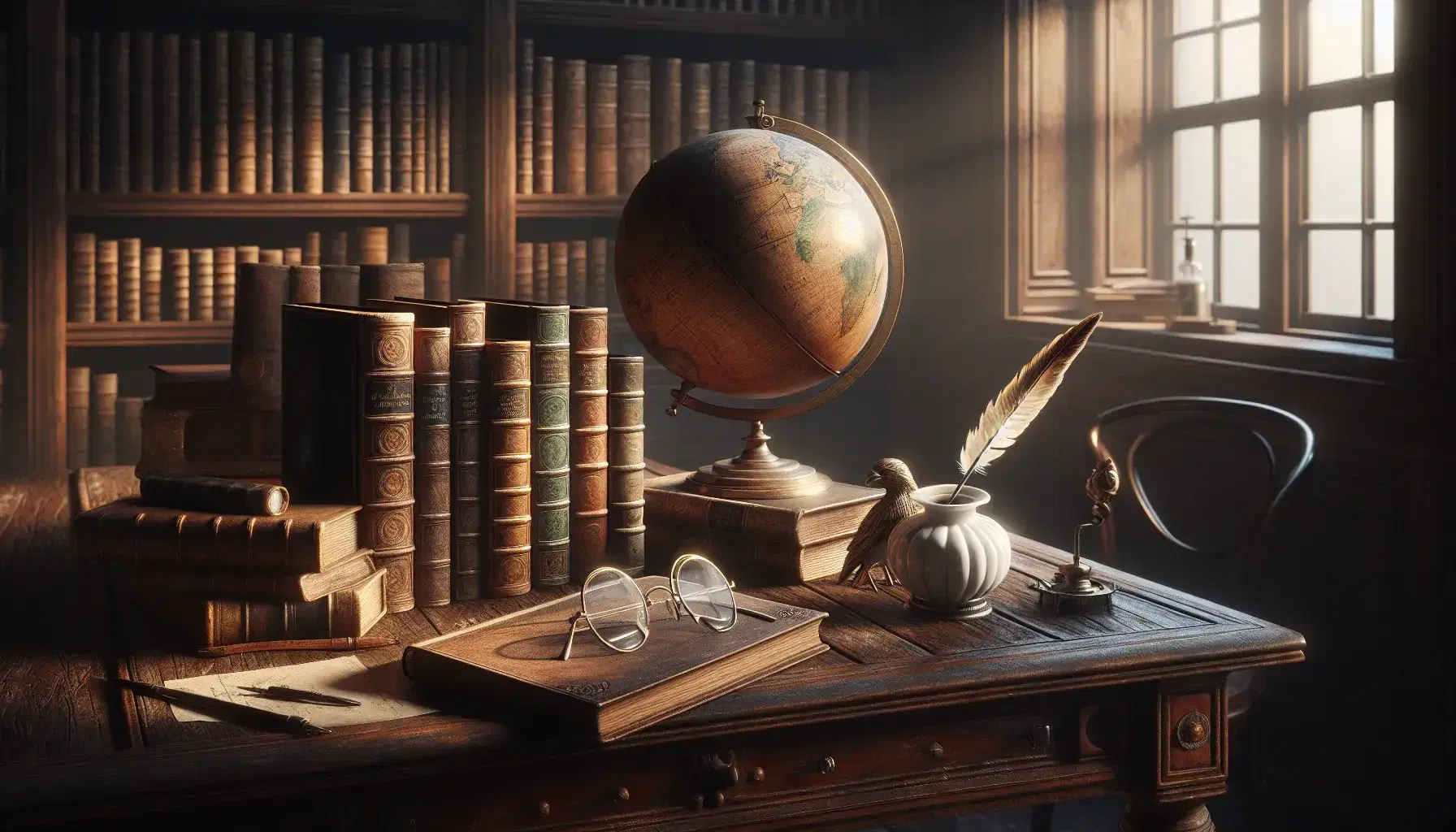 Biblioteca antigua con mesa de madera oscura, globo terráqueo sepia, gafas metálicas, libros de tapa dura y pluma de ave en tintero de porcelana.