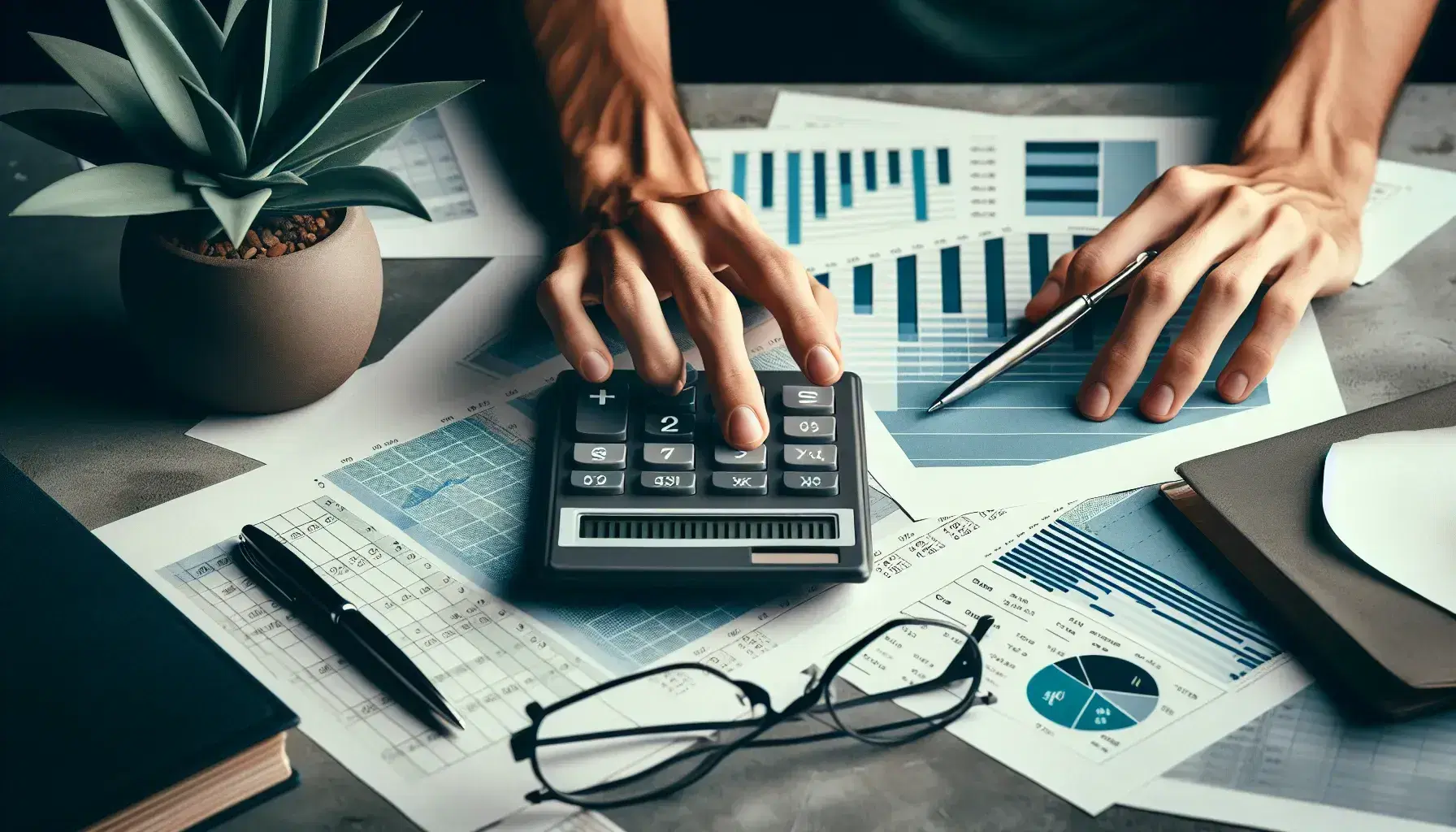 Hands poised to use a calculator amidst financial papers with charts and a pen, glasses, and a green plant on a desk, indicating an accounting workspace.