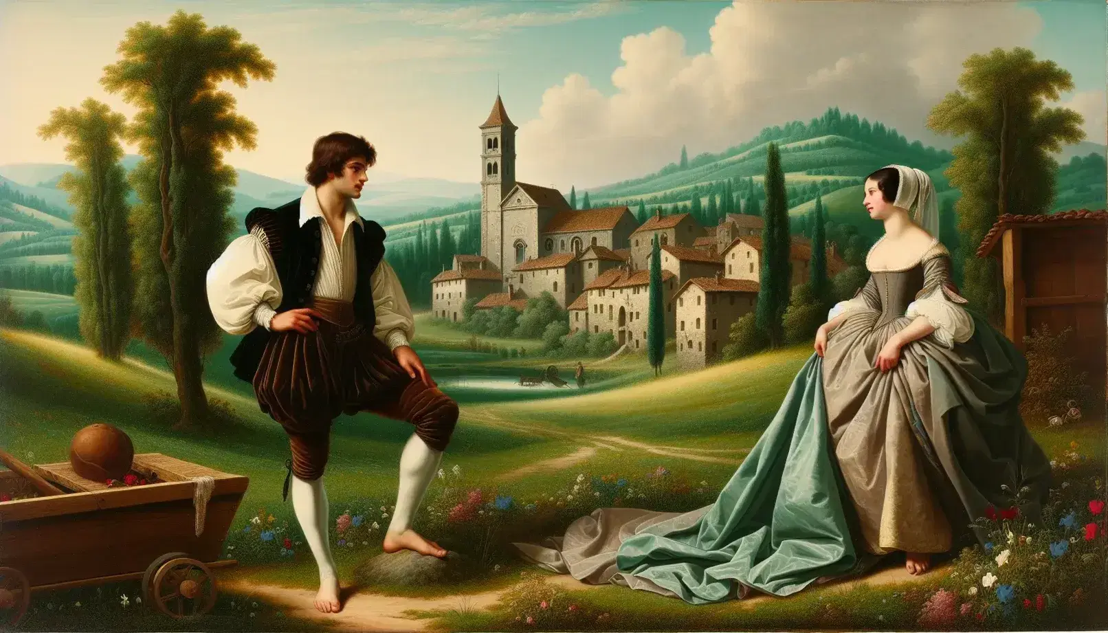 Coppia del XVII secolo in abiti d'epoca si scambia sguardi teneri in un paesaggio campestre lombardo con villaggio medievale.