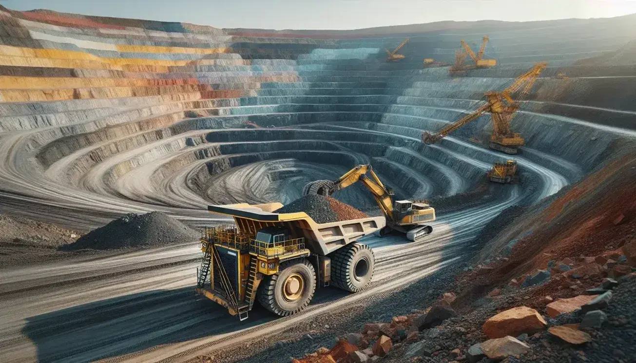Maquinaria pesada en mina a cielo abierto con camión minero y excavadora amarillos trabajando en terrazas descendentes bajo cielo azul despejado.