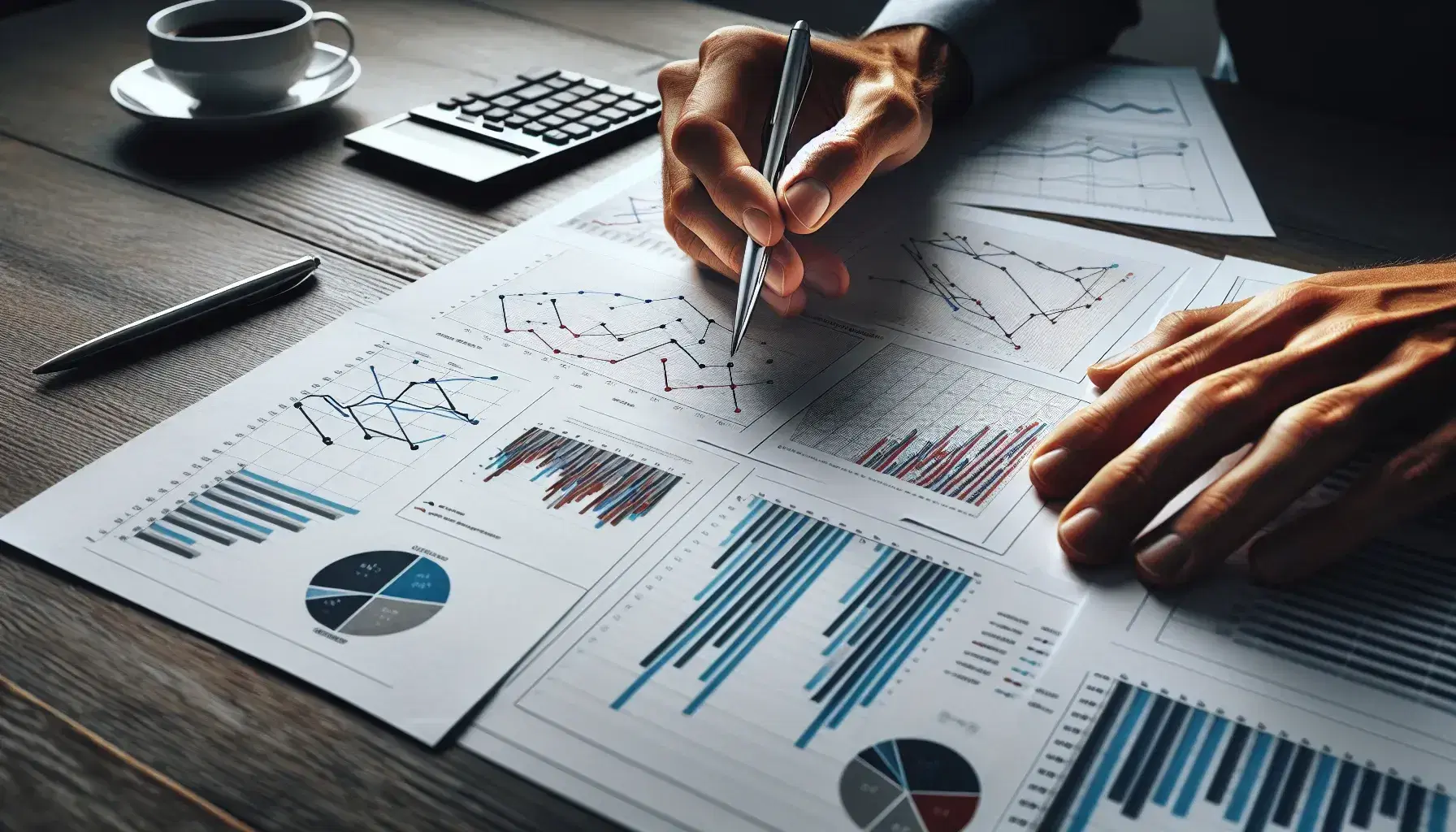 Hands analyzing colorful charts and graphs on paper with a silver pen, calculator, and coffee mug on a dark wooden desk, suggesting financial work.