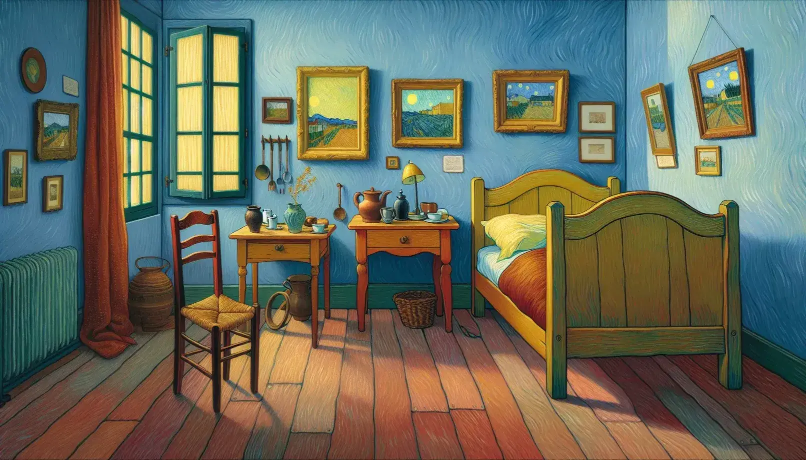 Riproduzione del dipinto 'Camera da letto ad Arles' di Van Gogh con letto in legno, lenzuola blu, cuscini gialli e pareti azzurre.
