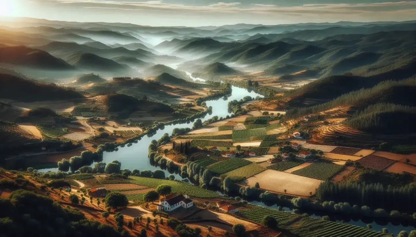 Panorama della campagna portoghese con colline, campi coltivati, case rurali, fiume serpeggiante, vegetazione rigogliosa e montagne sfumate.