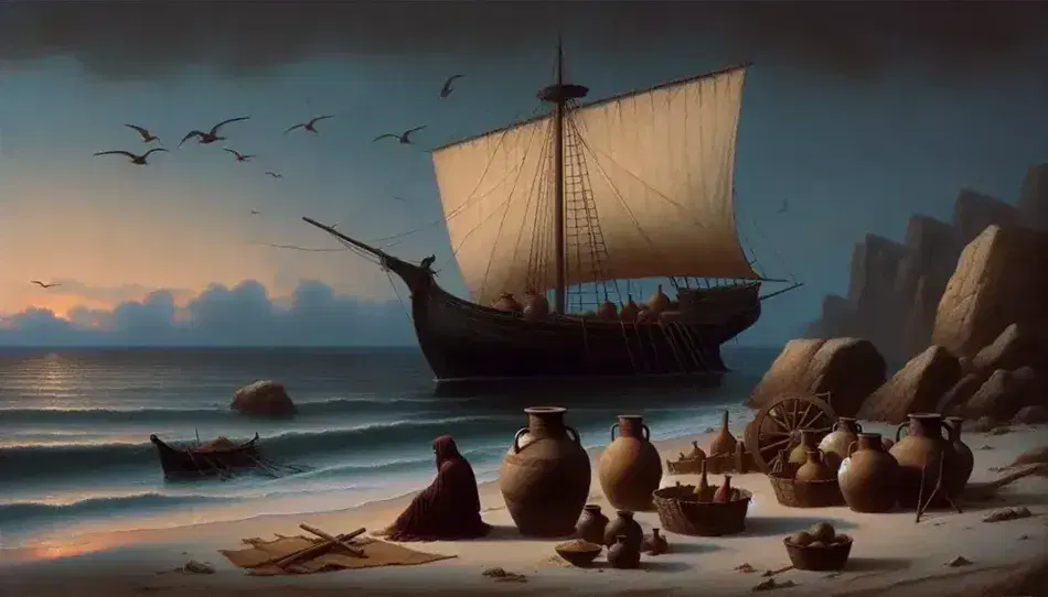 Nave greca antica ormeggiata su spiaggia al tramonto, uomo in mantello rosso contempla l'orizzonte, anfore e ceste sul bagnasciuga.