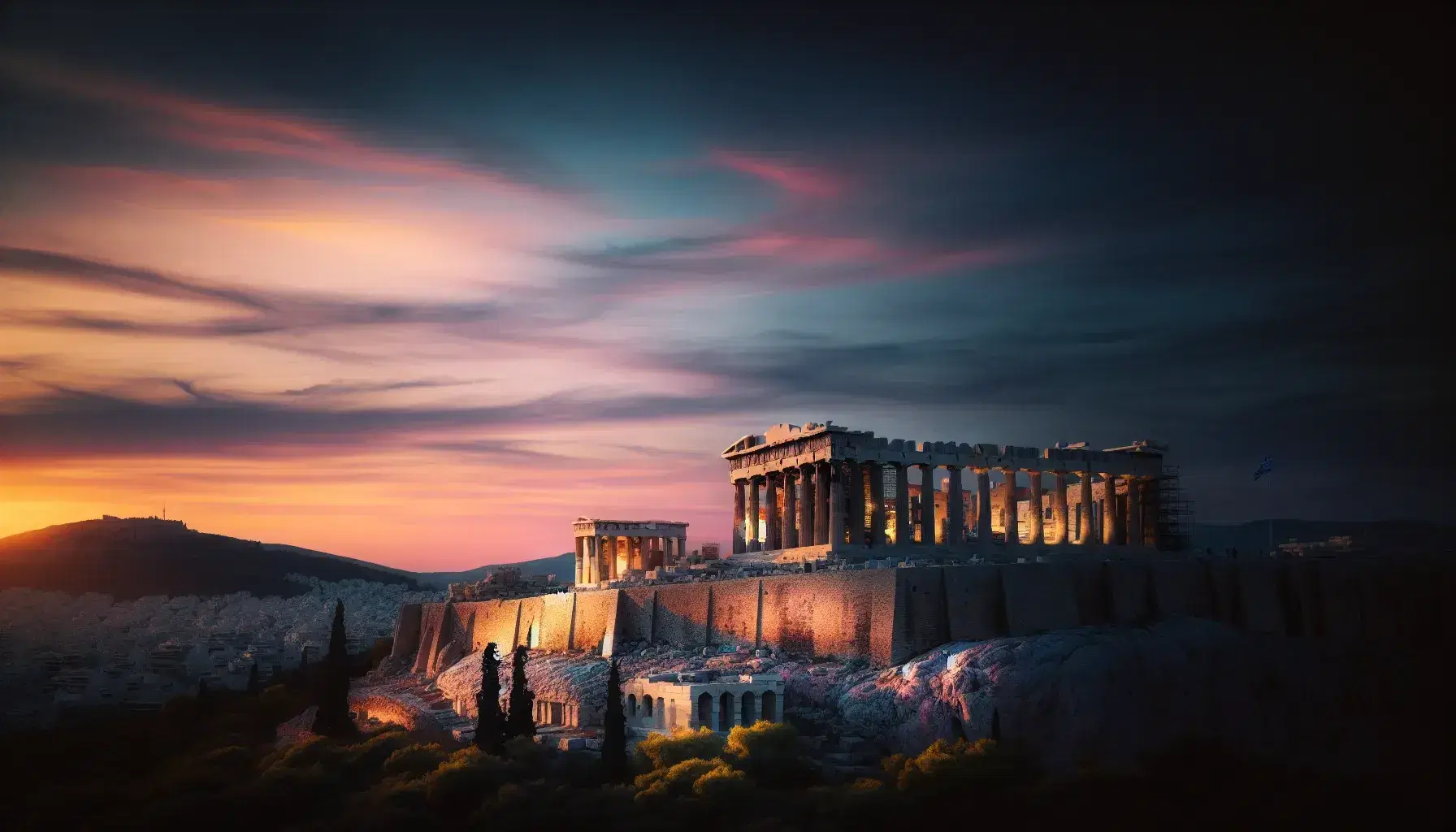 Vista dell'Acropoli di Atene al tramonto con cielo sfumato e Parthenon illuminato da luce dorata, senza persone.