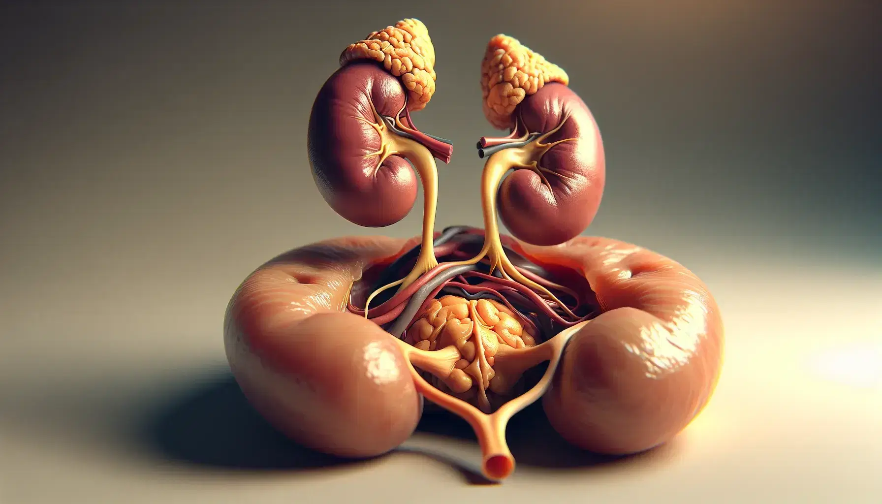 Close-up view of a human adrenal gland with a yellowish-tan cortex atop a reddish-brown kidney, highlighting anatomical details and structure.
