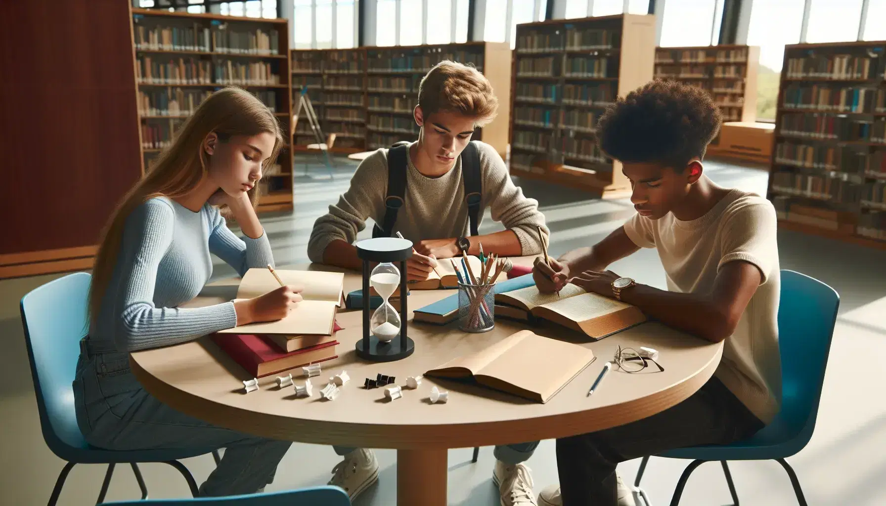 Tres estudiantes adolescentes de diversas etnias estudian en una biblioteca, con libros, cuadernos y un reloj de arena sobre la mesa.