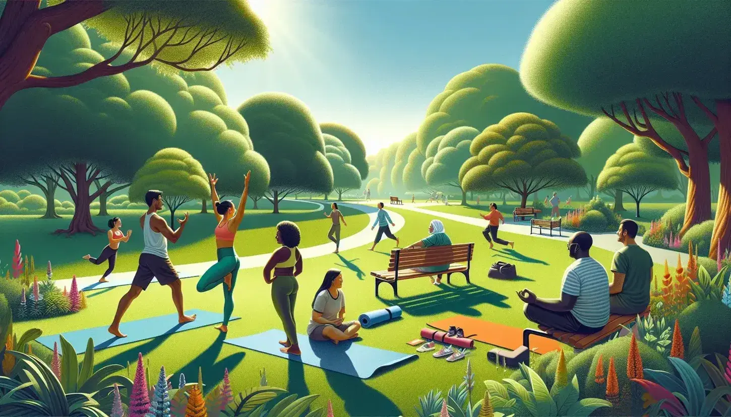 A quiet park with people practicing yoga on colorful mats, others chatting on a bench and a woman running with headphones.
