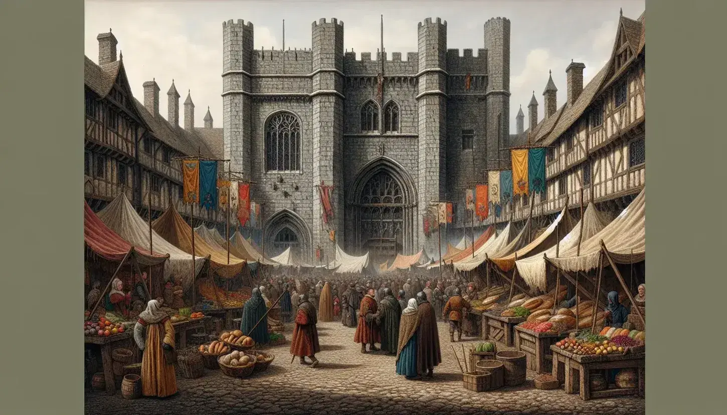 Scena vivace di mercato medievale in piazza con banchi di legno, prodotti vari, edificio gotico e figure sociali diverse sotto cielo sereno.
