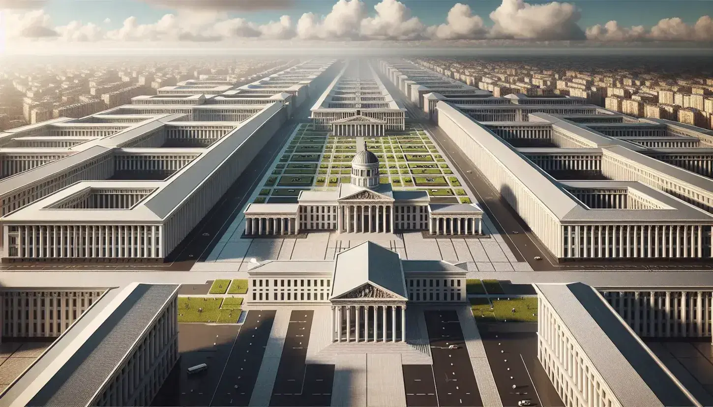 Vista aerea di un complesso di edifici governativi neoclassici con palazzo centrale, vie rettangolari e aree verdi simmetriche sotto un cielo nuvoloso.