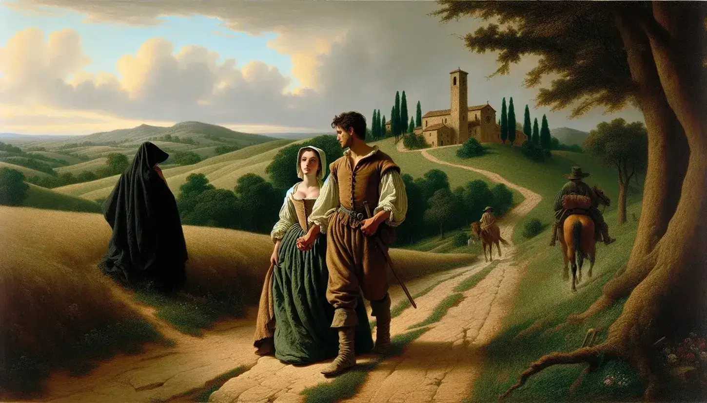 Giovane coppia in abiti del XVII secolo cammina mano nella mano su sentiero collinare, frate benedicente e osservatore misterioso in lontananza.