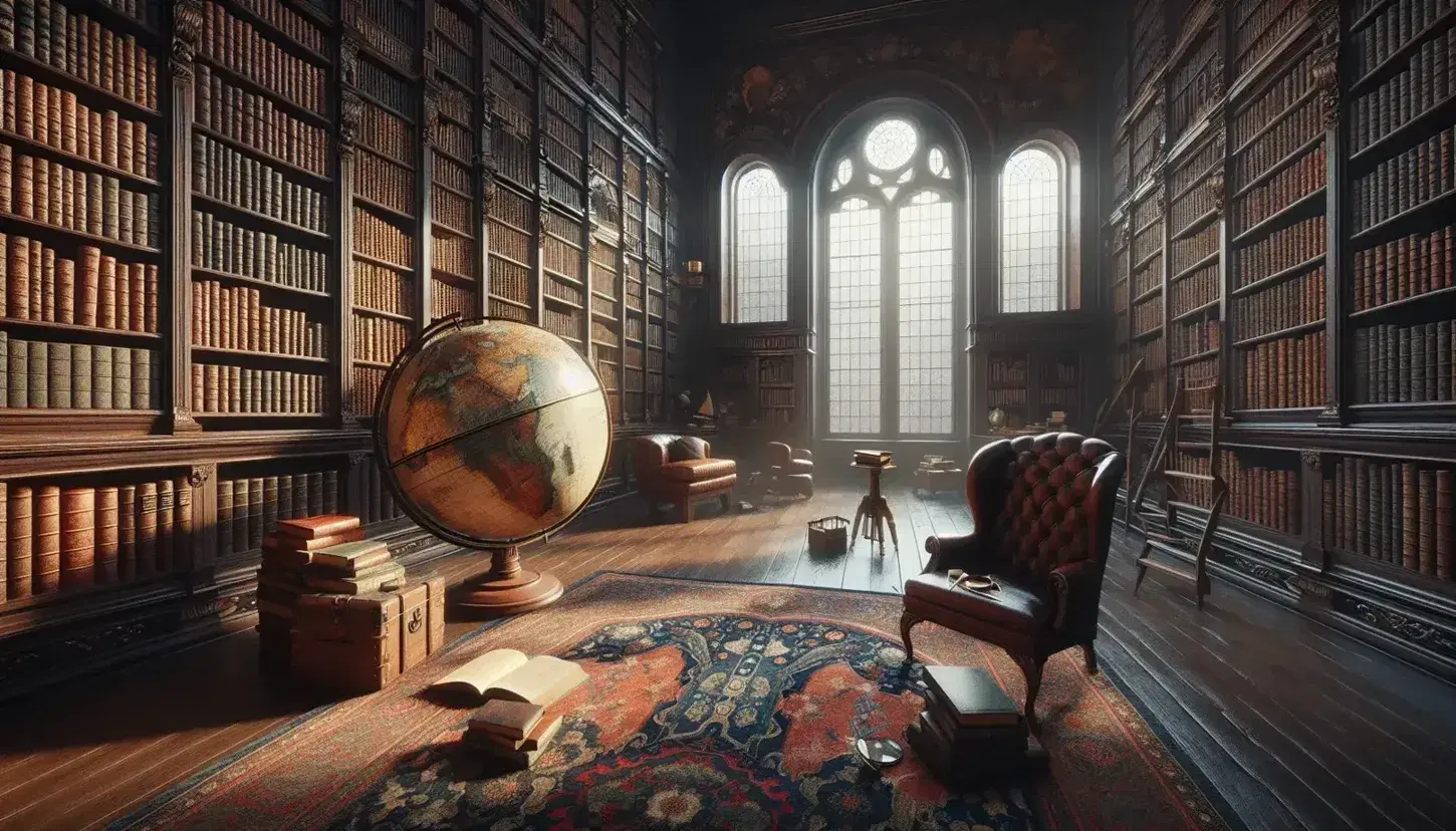 Biblioteca antica con scaffali in legno scuro pieni di libri rilegati, globo terrestre al centro, tappeto orientale e poltrona in pelle.