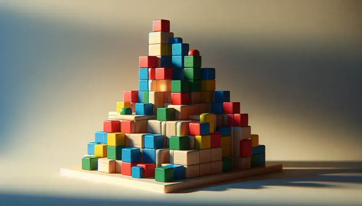 Torre di blocchi di legno colorati impilati in ordine cromatico da rosso a giallo su base chiara, con ombre morbide e prospettiva inclinata.