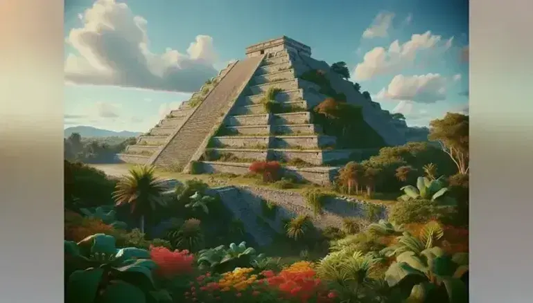 Panoramic view of an ancient Mesoamerican stepped pyramid, surrounded by indigenous flora under a blue sky with scattered clouds.
