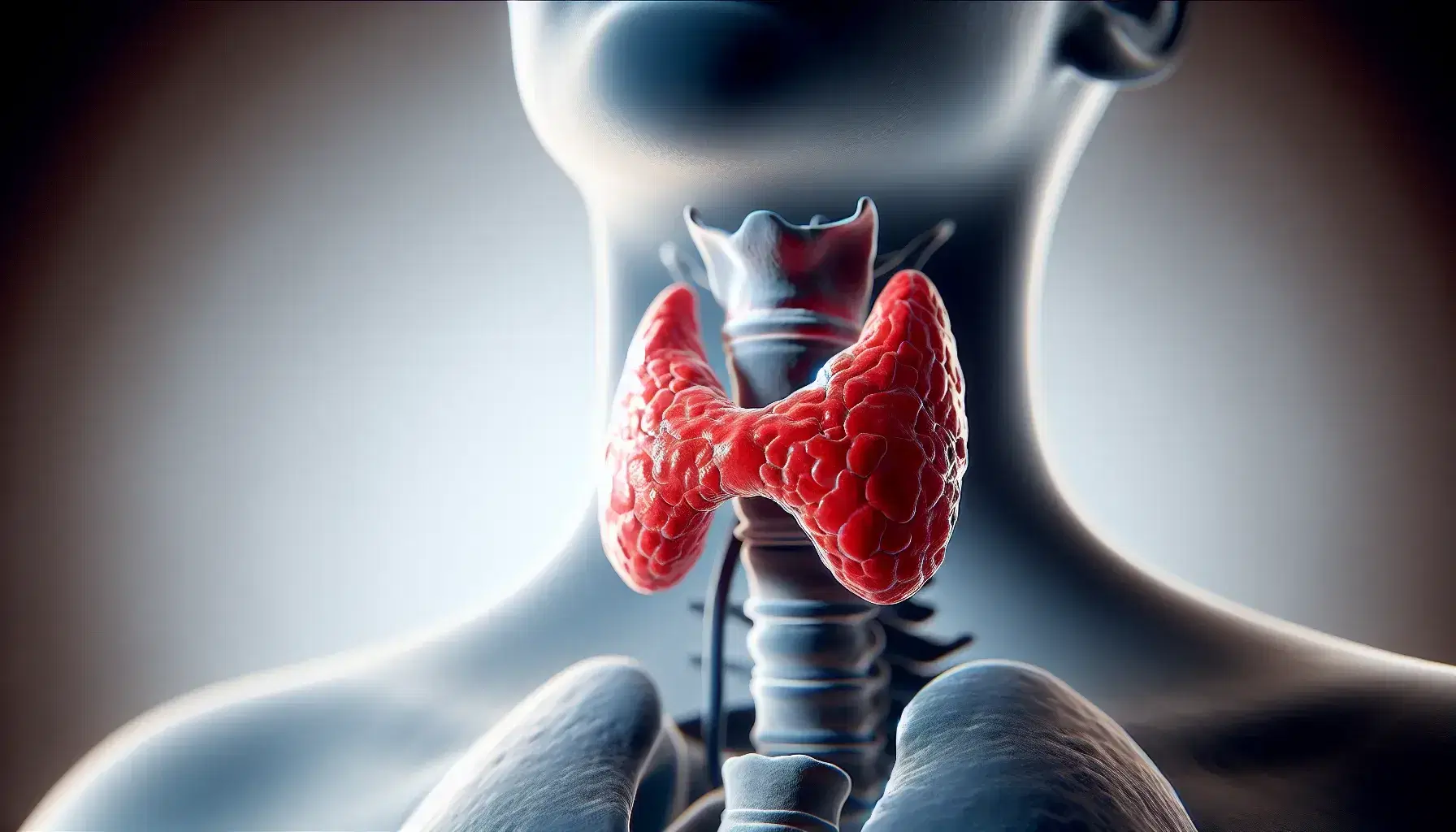 Glandula tiroides humana sana en forma de mariposa, color rojo intenso, sin nodulos, en fondo neutro que resalta su anatomía detallada.