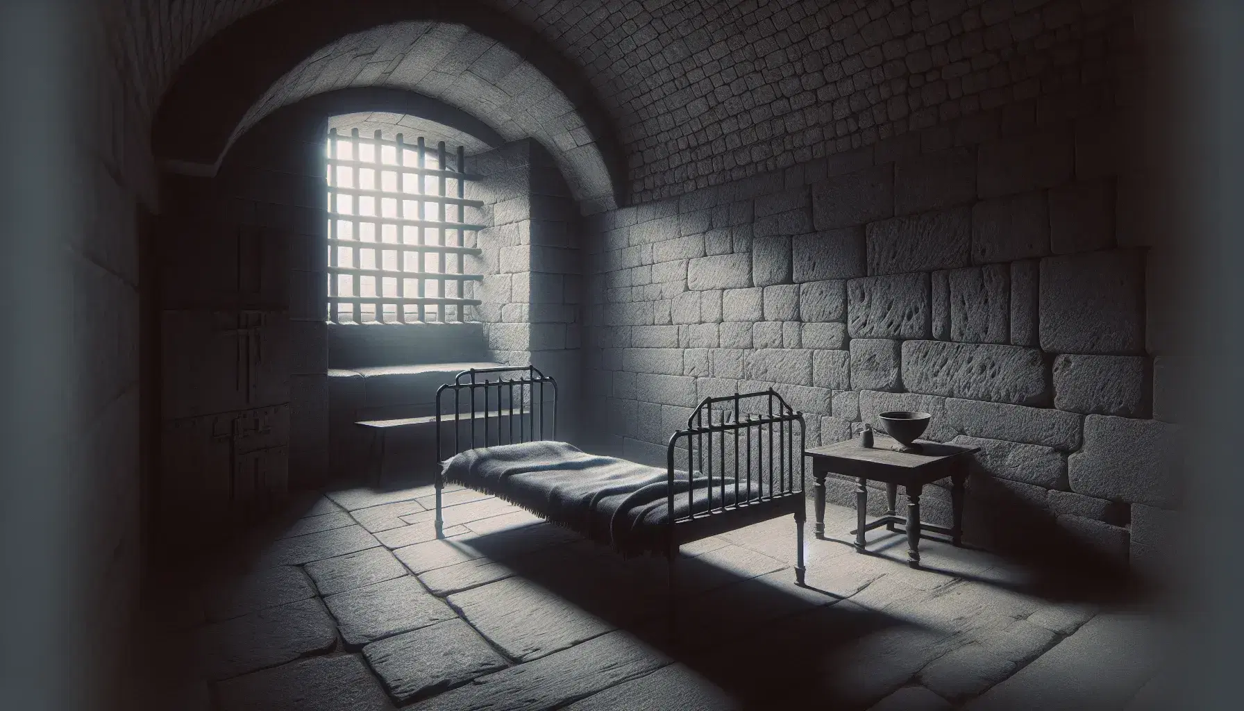 18th-century stone prison cell with a metal bed frame, high barred window, wooden stool, table with ceramic bowl and metal cup, and a coarse blanket.