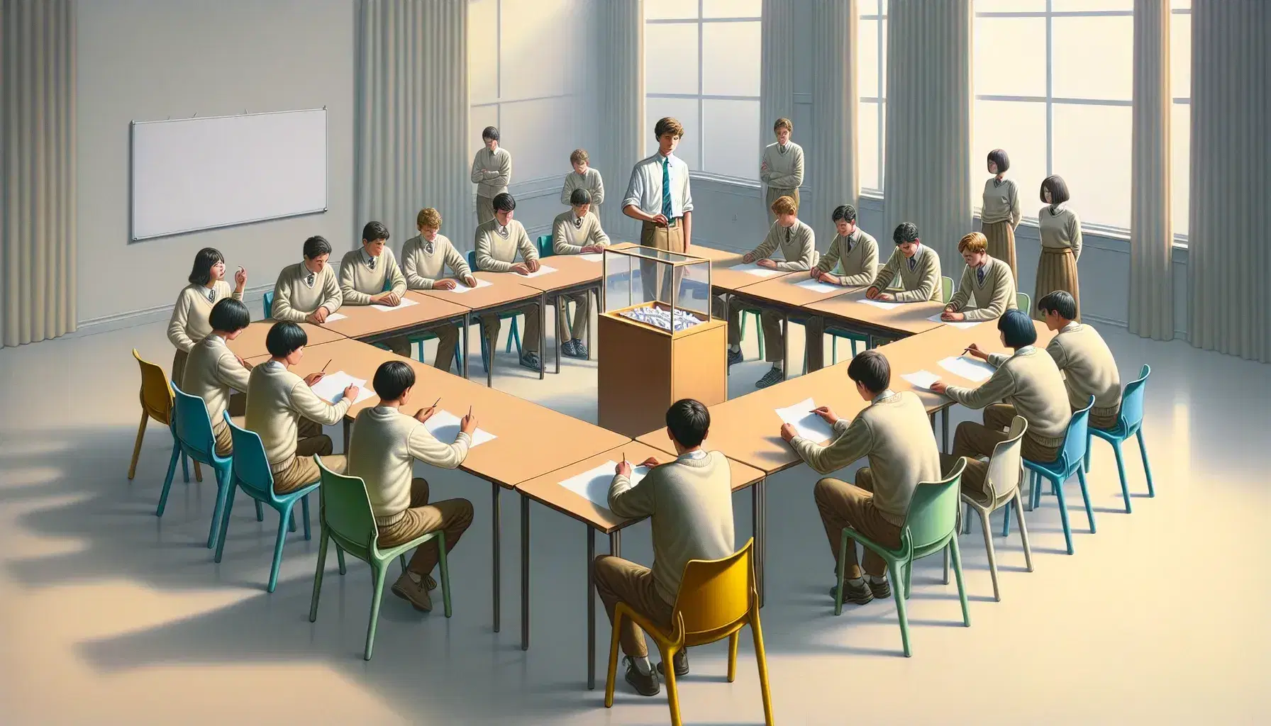 Estudiantes en uniforme participan en reunión escolar alrededor de una mesa con papeles y una urna de votación, en un aula iluminada naturalmente.