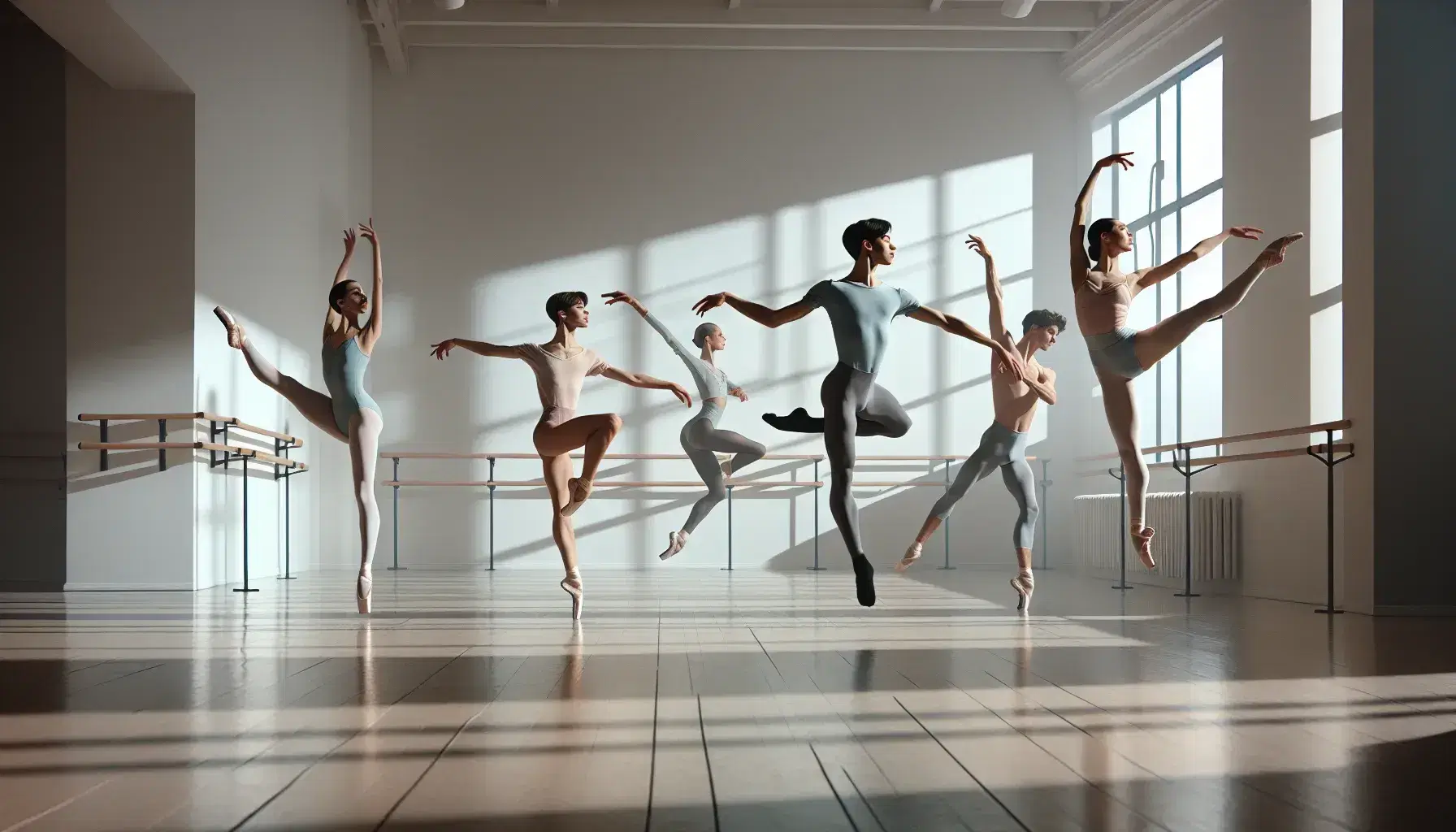 Cinco bailarines en estudio de danza con espejos y barras, realizando saltos y poses elegantes en ropa de ensayo y bajo luz natural.