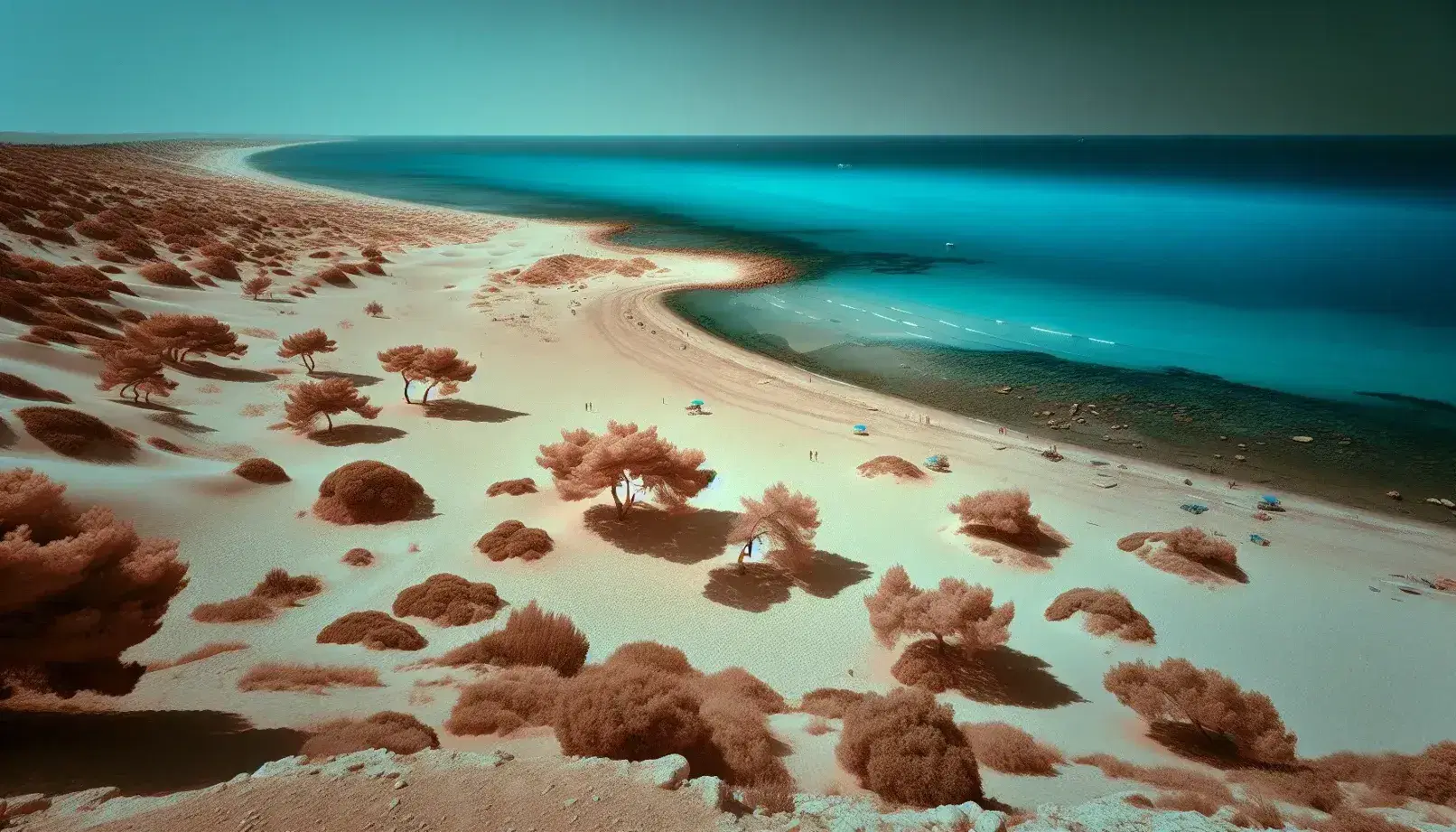 Paesaggio costiero mediterraneo con dune sabbiose secche, ulivi stressati dall'acqua, mare cobalto, costa rocciosa erosa e turbine eoliche in lontananza.