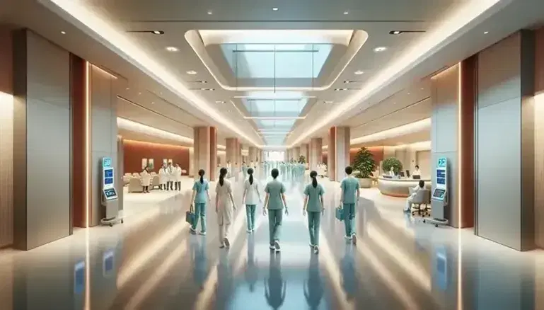 Centro médico moderno con profesionales de la salud caminando por un pasillo iluminado, puertas de vidrio, equipo de alta tecnología y recepción al fondo.