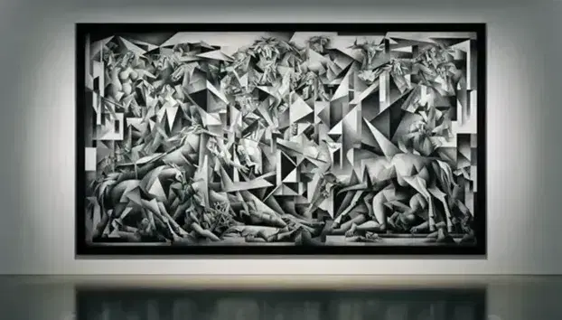 Quadro astratto in bianco e nero con figure frammentate in stile cubista, tra cui cavallo sofferente e toro, in ambiente sobrio.
