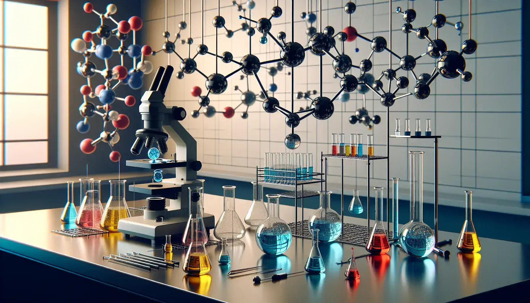 Laboratorio scientifico moderno con tavolo da lavoro, fiasche di vetro con liquidi colorati, bruciatore Bunsen, pipette, microscopio e modelli molecolari.