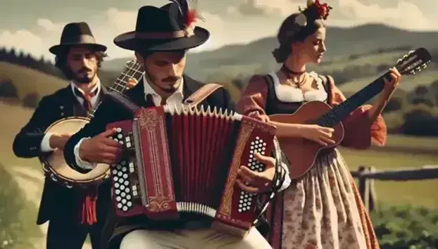 Gruppo di musicisti folk italiani all'aperto con uomo che suona fisarmonica rossa, donna con tamburello e chitarrista in costume tradizionale.