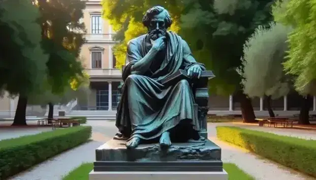 Statua in bronzo di filosofo pensieroso seduto con libro in mano, circondato da alberi in un parco tranquillo al tramonto.