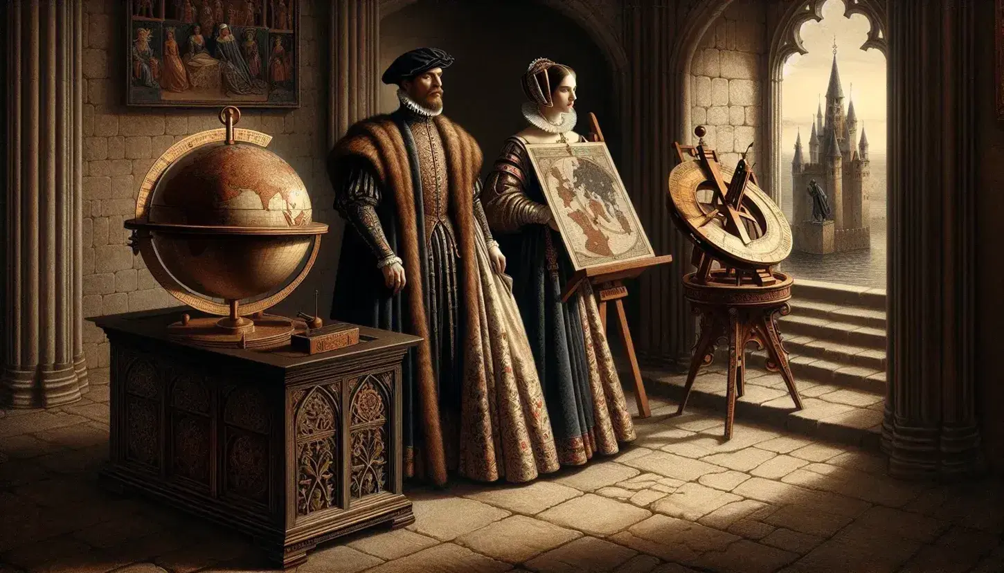 Escena renacentista con hombre y mujer en trajes de época, mesa con globo terráqueo y astrolabio, y ventana con vista a castillo.