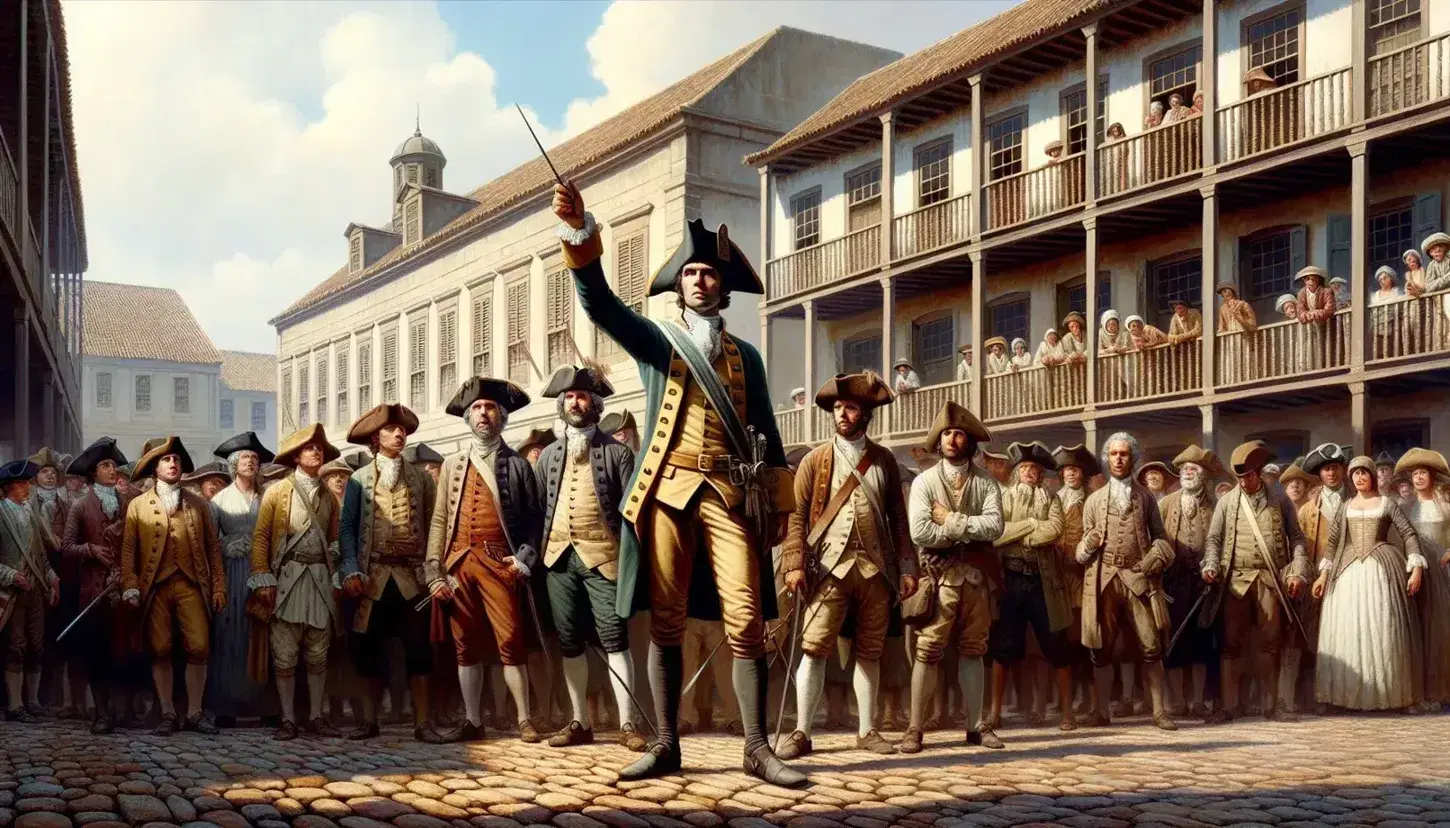Grupo de personas en vestimenta colonial en plaza adoquinada con arquitectura antigua, figura central con uniforme militar y espada alzada.