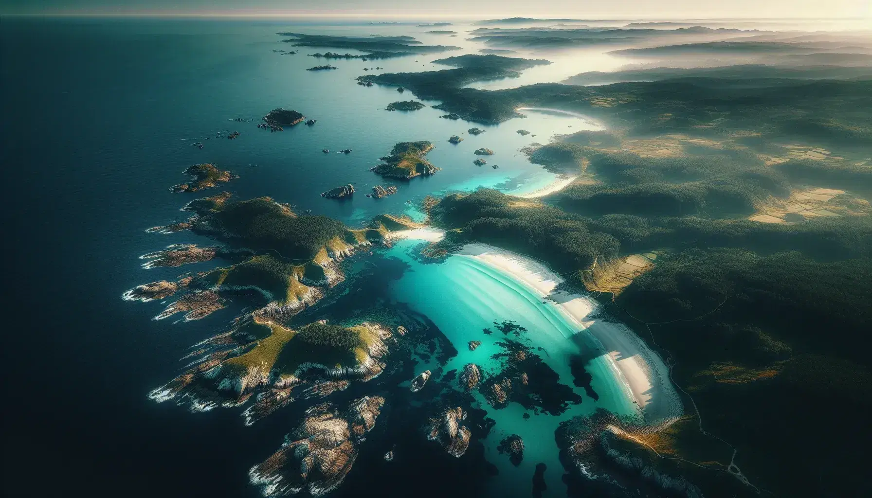 Vista aerea di una costa europea incontaminata con mare cristallino, spiagge sabbiose e scogliere, circondata da vegetazione lussureggiante.