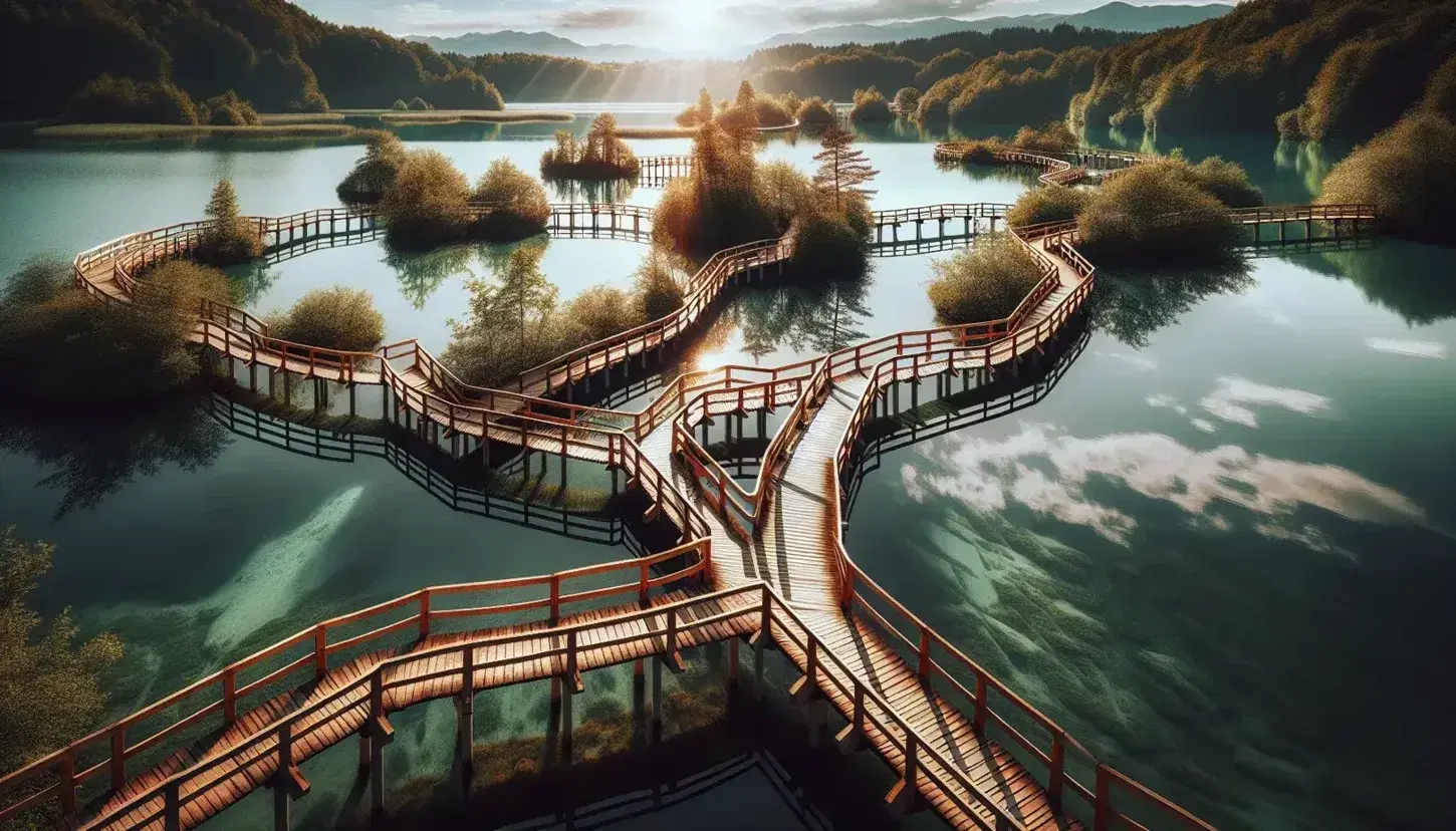 Ponticelli di legno che collegano isole verdi in un lago tranquillo, con giochi di luce tra gli alberi e cielo azzurro.