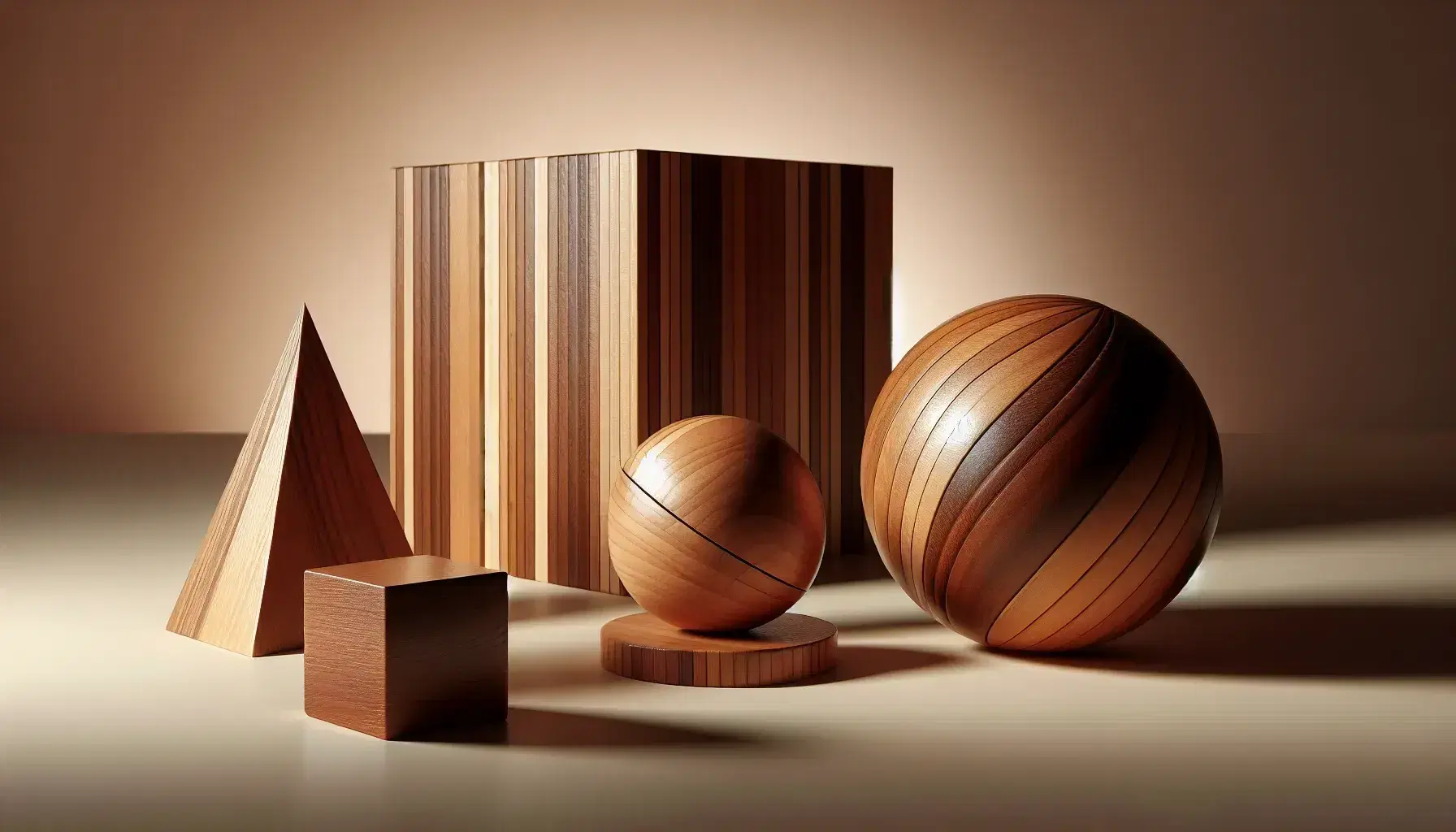 Conjunto de figuras geométricas de madera en 3D sobre mesa clara, incluyendo esfera, cubo, cilindro, cono y pirámide, con sombras suaves.