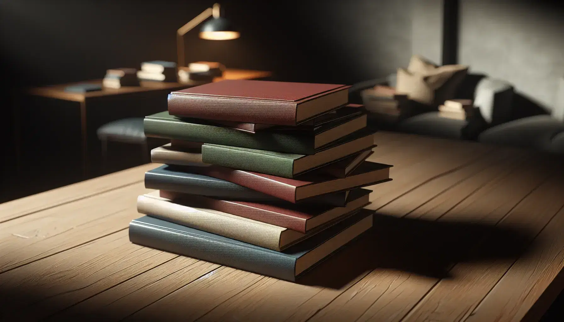 Stack of hardcover books in muted colors on a wooden table with a cozy, blurred background suggesting a warm reading nook.
