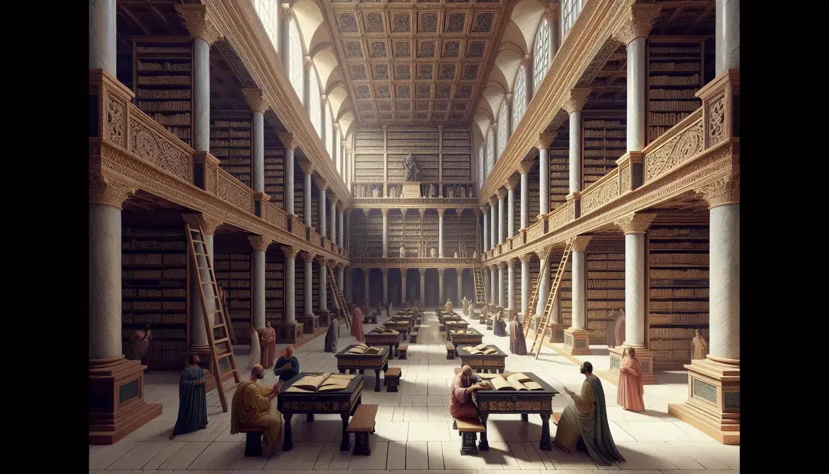 Ricostruzione artistica della Biblioteca di Alessandria con colonne marmoree, scaffali di legno pieni di rotoli e codici, e figure in toga in discussione.