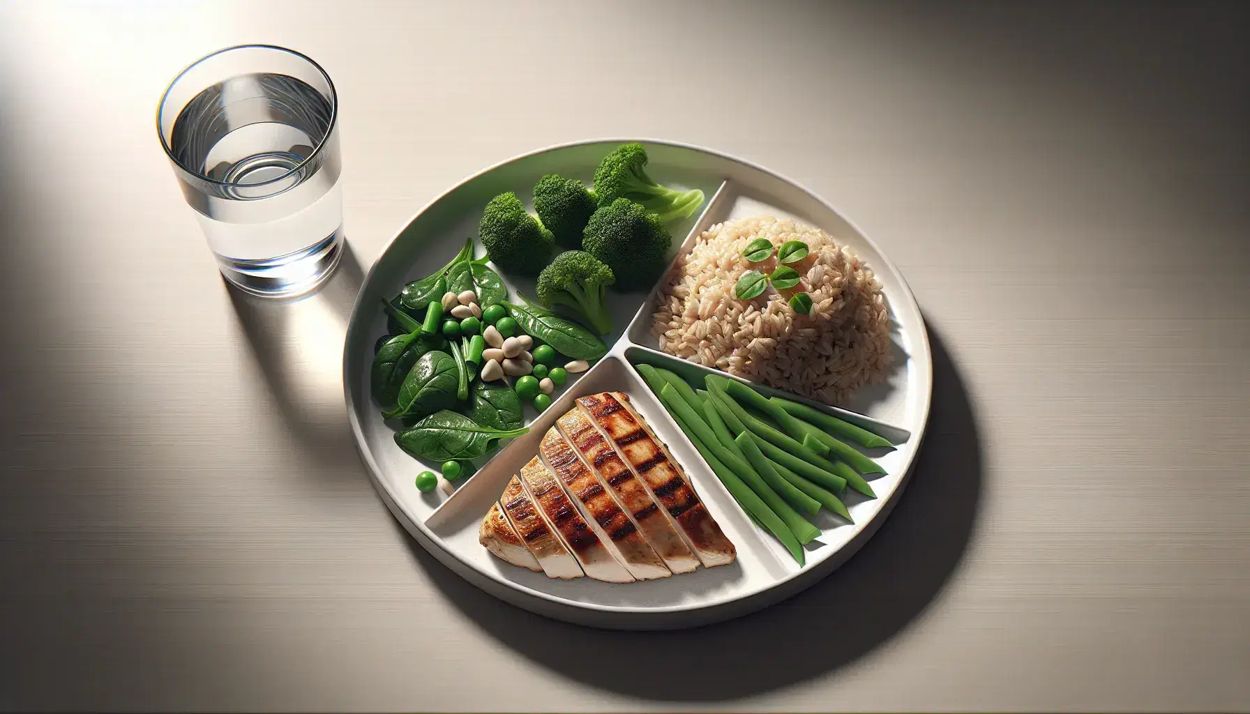Round plate with balanced meal: grilled chicken breast, steamed vegetables such as broccoli and green beans, brown rice, and glass of water.