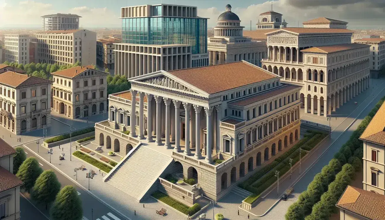 Edifici pubblici storici in Italia con stili architettonici dal classico al moderno, circondati da verde in un cielo sereno.