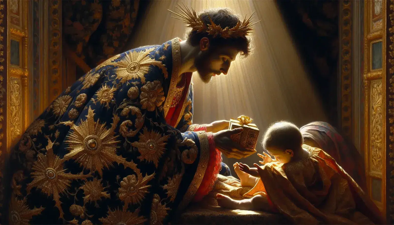 Dettaglio dell'Adorazione dei Magi di Gentile da Fabriano con Magio in manto blu e oro che offre dono al Bambino Gesù su sfondo dorato.