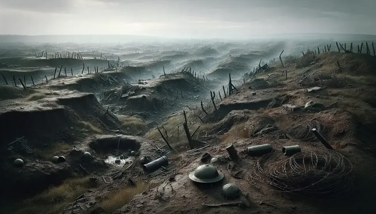 Paesaggio desolato post-conflitto della Prima Guerra Mondiale con crateri, filo spinato arrugginito, elmetti militari sparsi e vegetazione bruciata.
