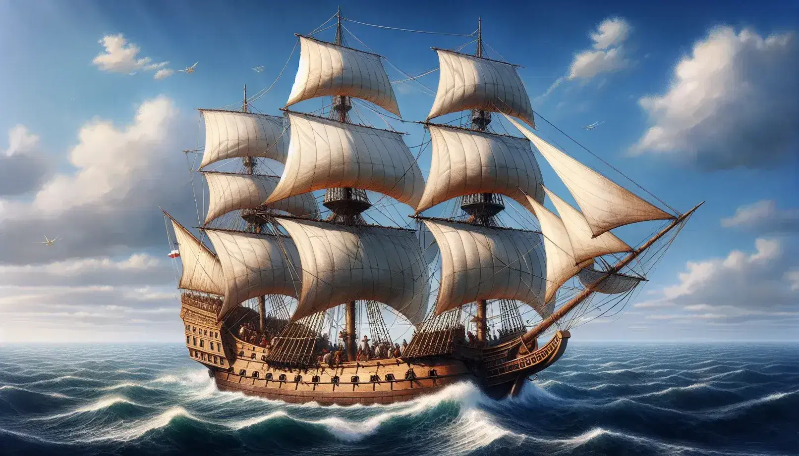 Three-masted Age of Discovery sailing ship at sea with billowed white sails, wooden deck with barrels, and busy sailors under a clear blue sky.
