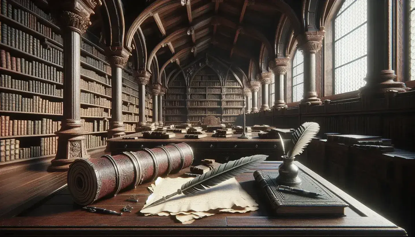 Biblioteca antica con scrivania in legno scuro, calamaio d'argento, pergamena, scaffali colmi di libri rilegati e statuetta marmorea.