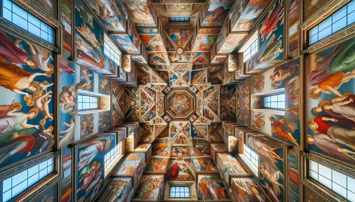 Soffitto affrescato della Cappella Sistina con la Creazione di Adamo al centro, circondato da scene bibliche e angeli, illuminato da luce naturale.