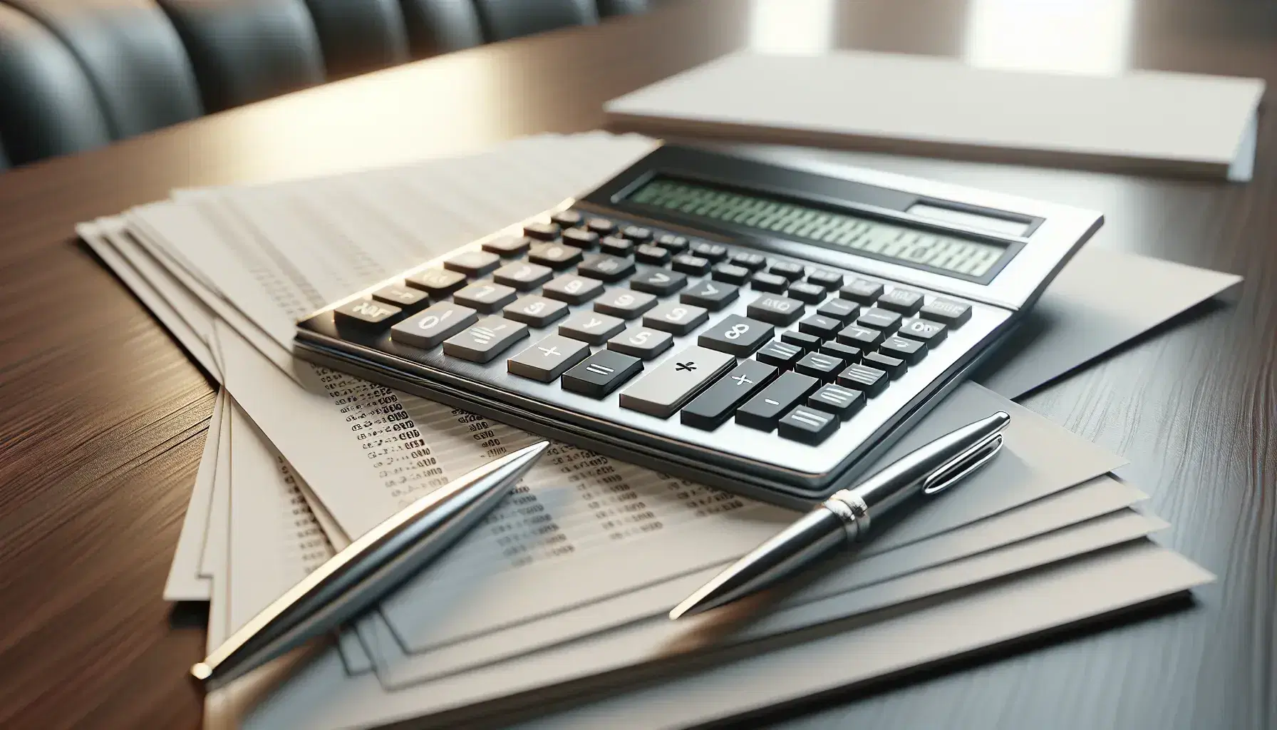 Modern calculator with large display on wooden desk, surrounded by white papers with numerical data and a metallic pen, in a softly lit office setting.