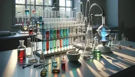 Laboratorio chimico con provette colorate, becher, bruciatore Bunsen acceso e mortaio con pestello su banco lavoro.