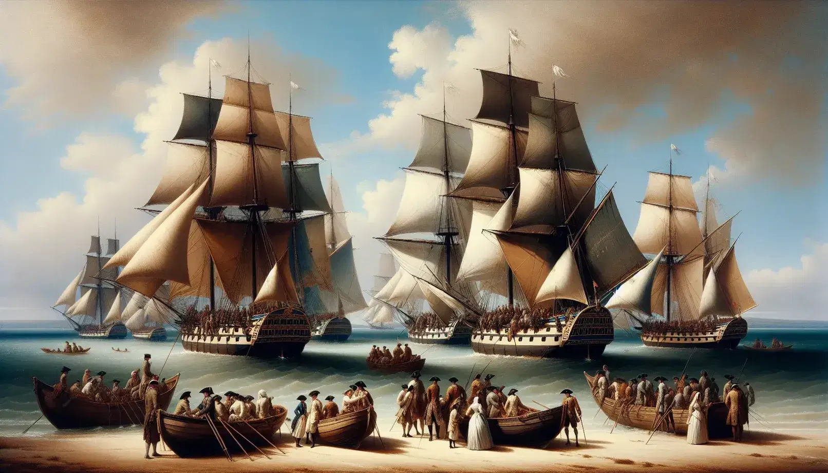Flotta di vele d'epoca in mare con equipaggi in abiti del XIX secolo, costa rocciosa visibile, atmosfera storica di avventura.