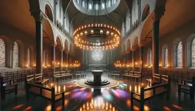 Interior de sala amplia con techos abovedados y paredes de piedra, candelabro de hierro con velas, suelo de mármol, bancos de madera y altar iluminado.