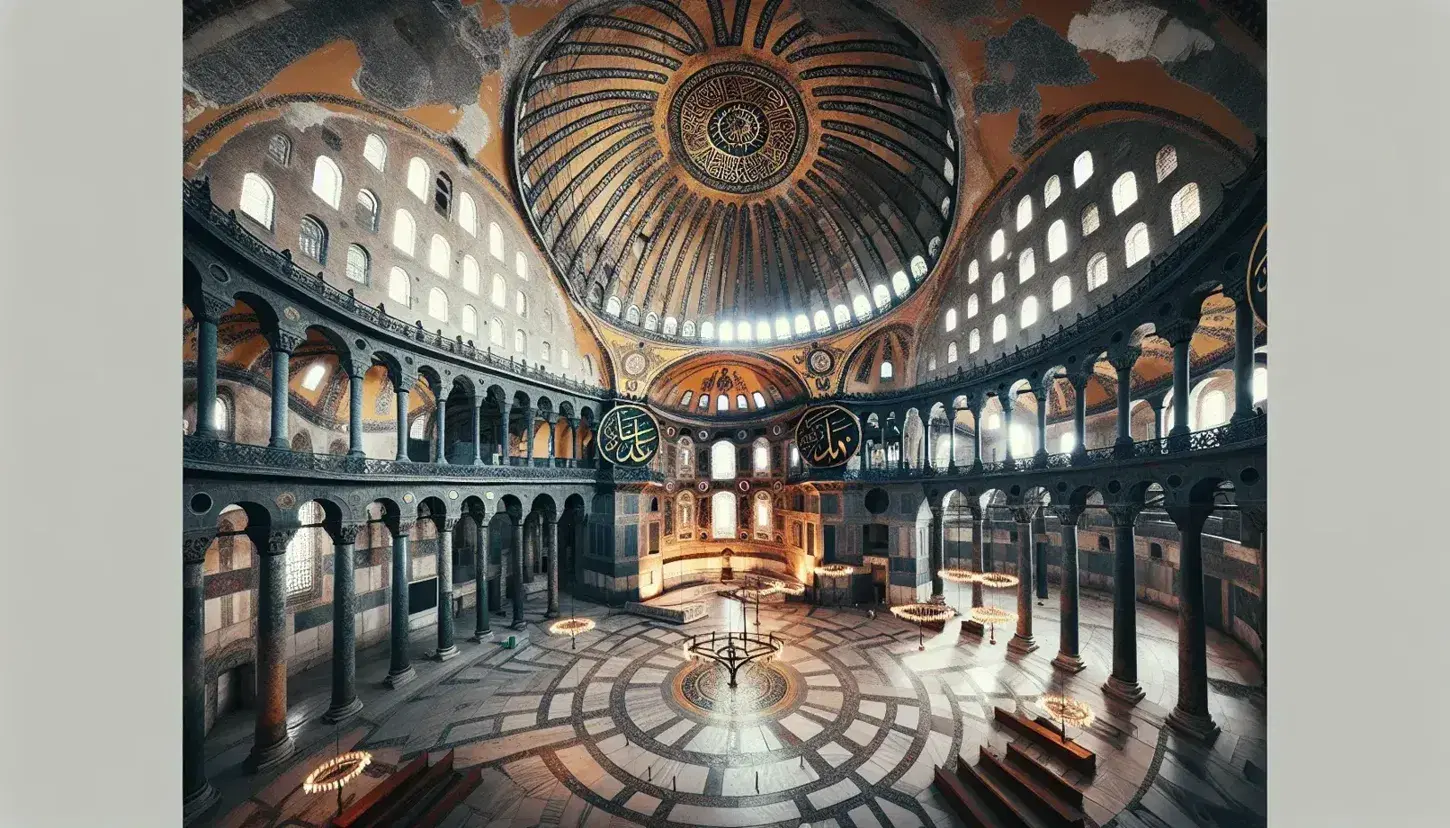 Vista interna della cupola centrale della Hagia Sophia a Istanbul, con pendentivi, mosaici dorati e lampadario in bronzo.