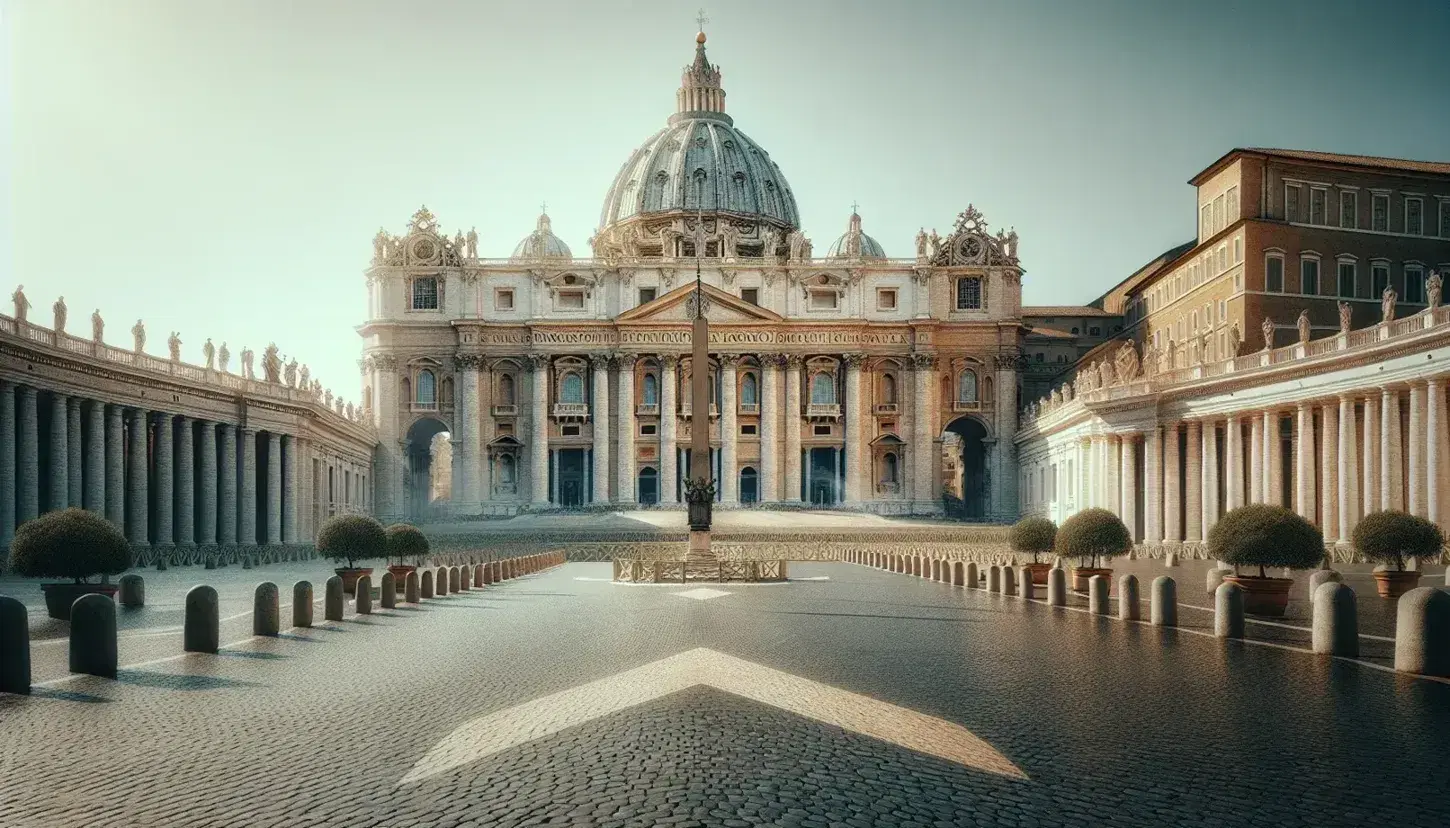 Vista frontal de la Basílica de San Pedro en el Vaticano con su cúpula central, columnas corintias y la Plaza de San Pedro en un día soleado.